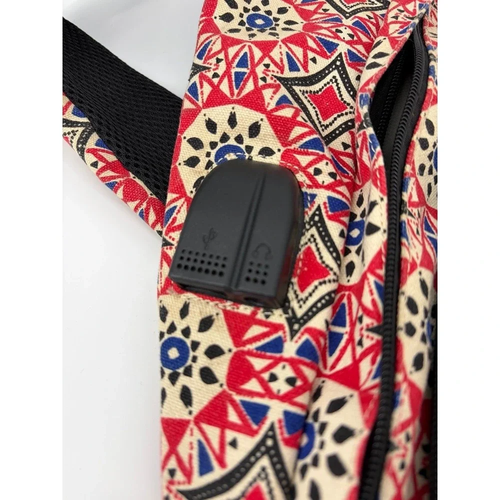 Sling Backpack, Unbranded,‎ Red/Cream/Blue, Geometric Pattern